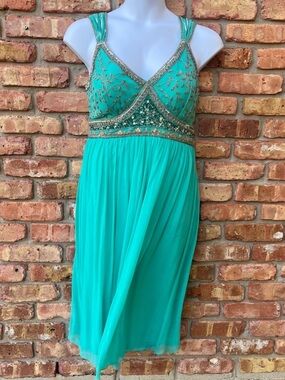 Vintage Stenay Green Gold Beaded Silk Fit & Flare Pleated Midi Dress Size 14